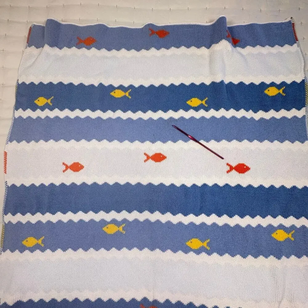 Cover Me Vintage Cotton Baby Blanket Blue Striped Fish Layette Bunting USA